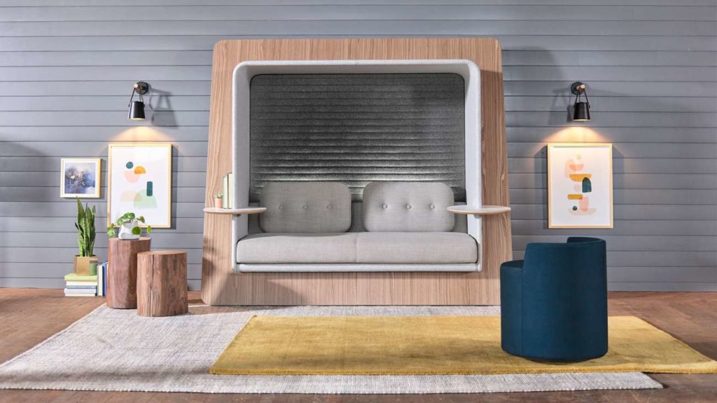 double seat freestanding public upholstered seating unit in beige with wood frame