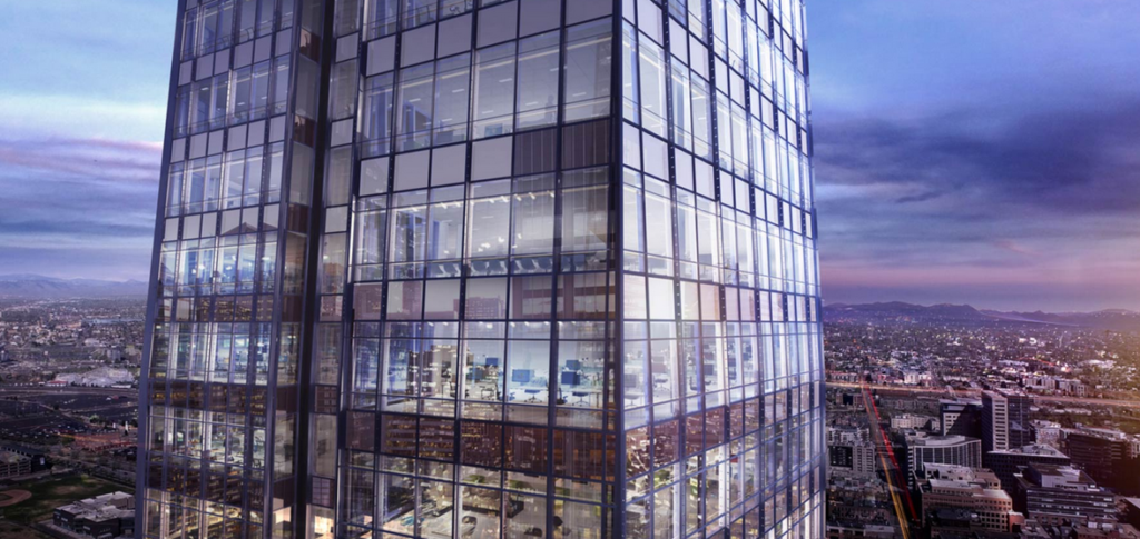 detail view of various floors in a glass office tower
