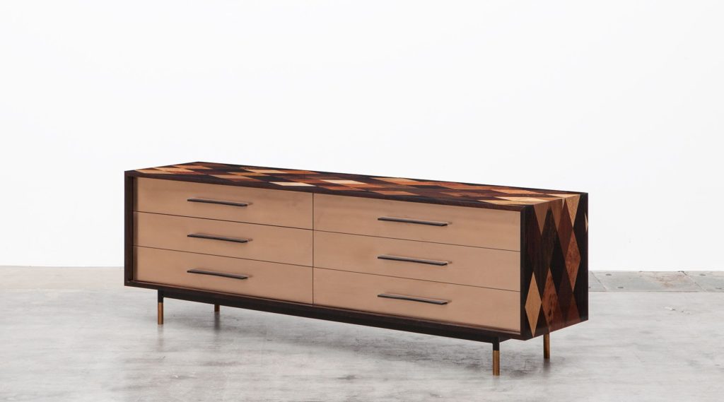 wood sideboard with veneer top and sides featuring complex diamond pattern in multiple woods