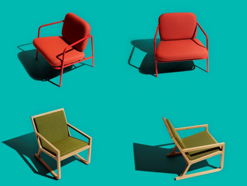 Jens Risom Textiles shown on two Risom chairs in red and green