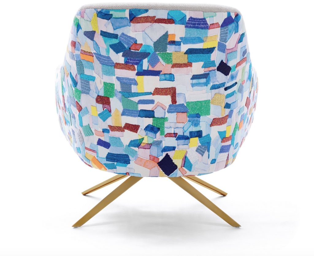 Atitlán Project back of chair in multi-colored patchwork design