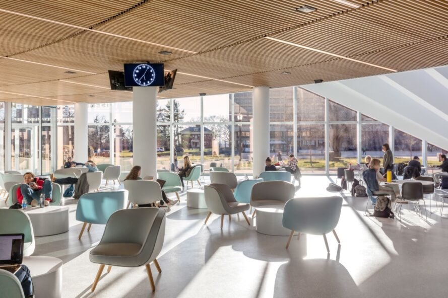 Isenberg School of Management interior view looking out to courtyard