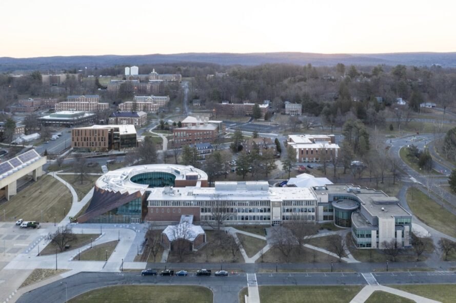 Isenberg School of Management exterior very wide shot of entire complex