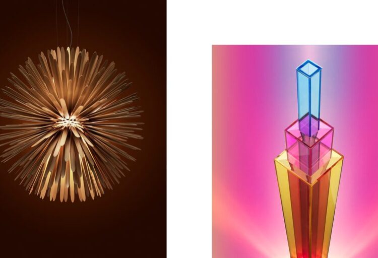close-up views of two designer lamps resembling a sun and tower