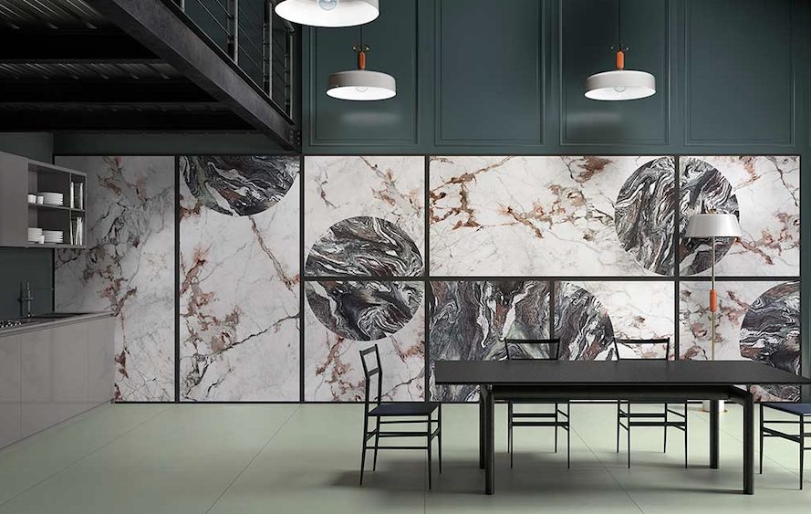 open kitchen and dining with ceramic cladding on walls