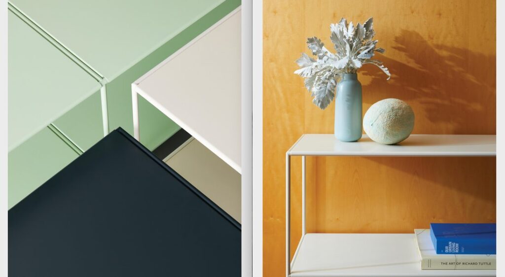 close-up view of metal shelving in different colors