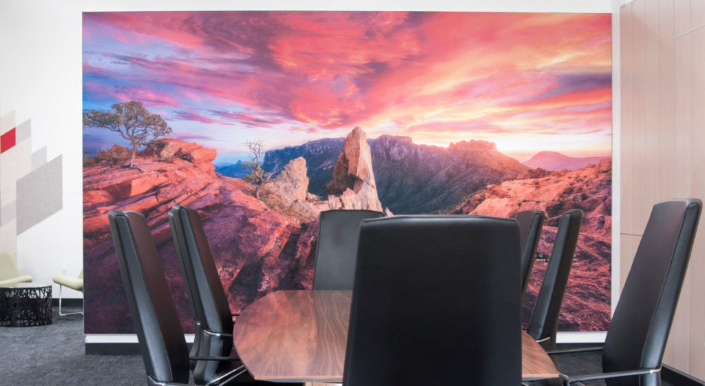 VisualAcoustiq panel with desert scene at sunset