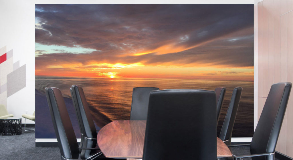 VisualAcoustiq panel with sunset scene over lake