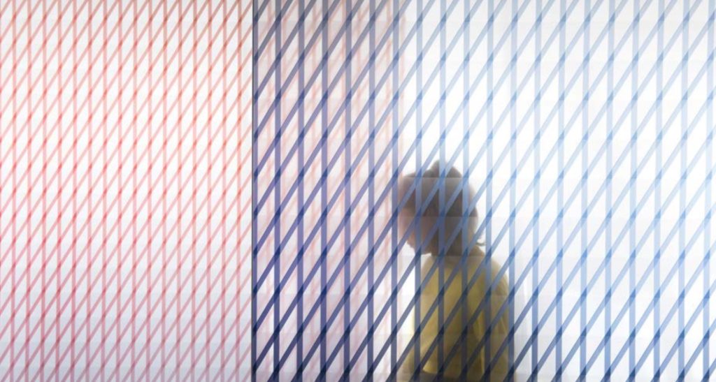 Skyline Design Oblique and Chevron Collection blue and red with figure behind. 