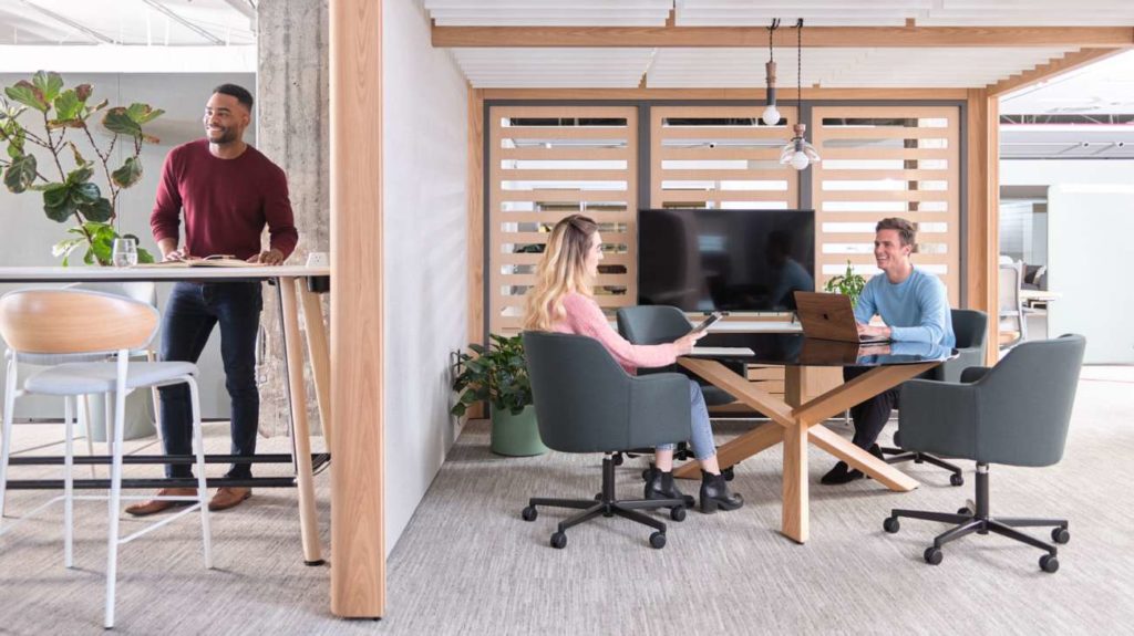OFS Obeya Privacy Space with two person meeting and standing table