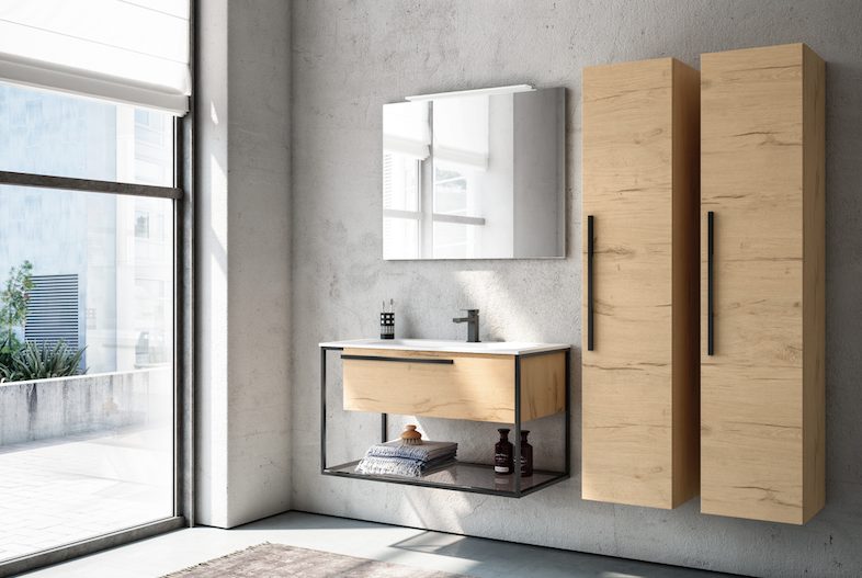 minimalist bathroom with wood vanity and storage featuring black metal accents