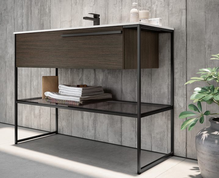 dark wood freestanding vanity with matte black metal frame and open bottom shelf