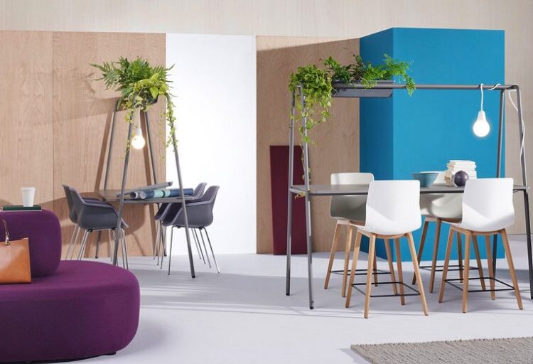 colorful lobby with A-frame tables