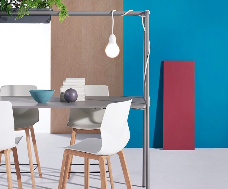 close-up view of A-frame work table with overhead planter
