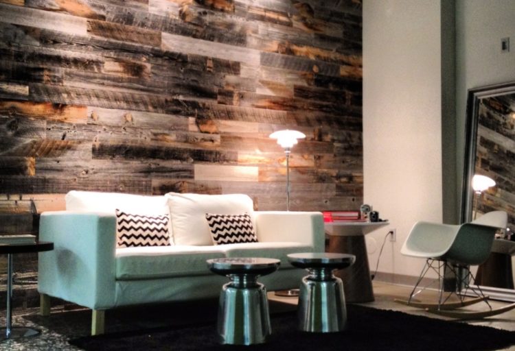 Stikwood Weathered Wood gray and brown in living room