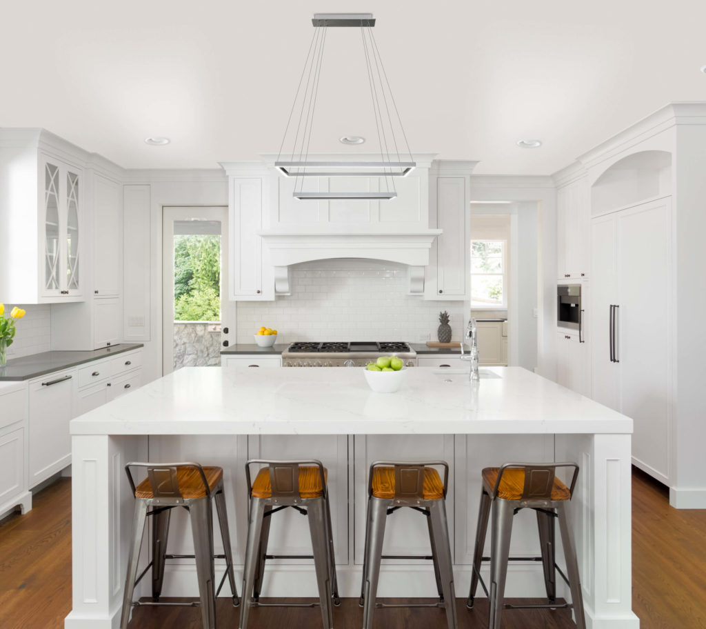 Vonn's Atria Chandelier white rectangle in kitchen front view