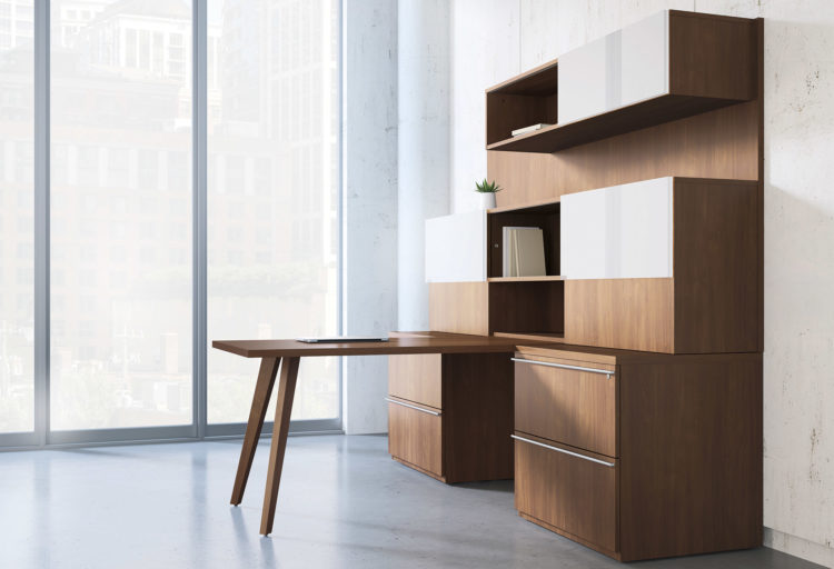 National Office Furniture Tessera Casegoods private office with desk and wall storage