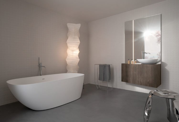Inbani Forma Collection white tub and wood lacquer vanity