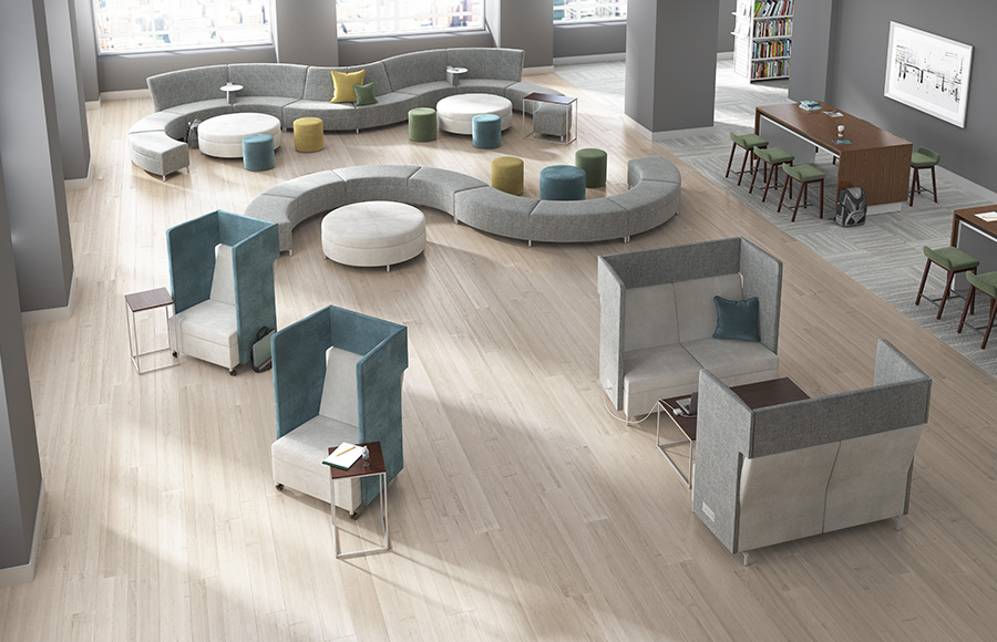 JSI Ziva workspace view from above with lounges, benches, and private work pods