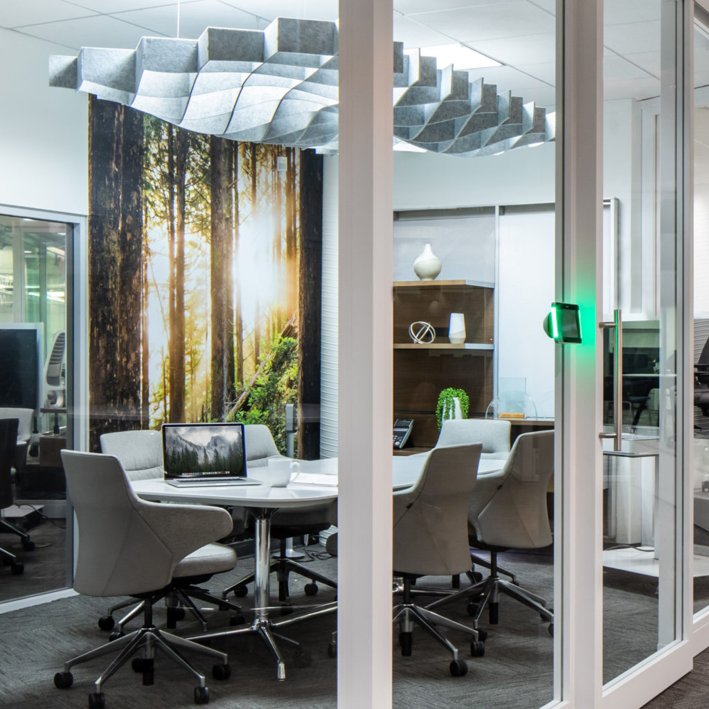 ezoBord Acoustical Net in white installed on ceiling of conference room
