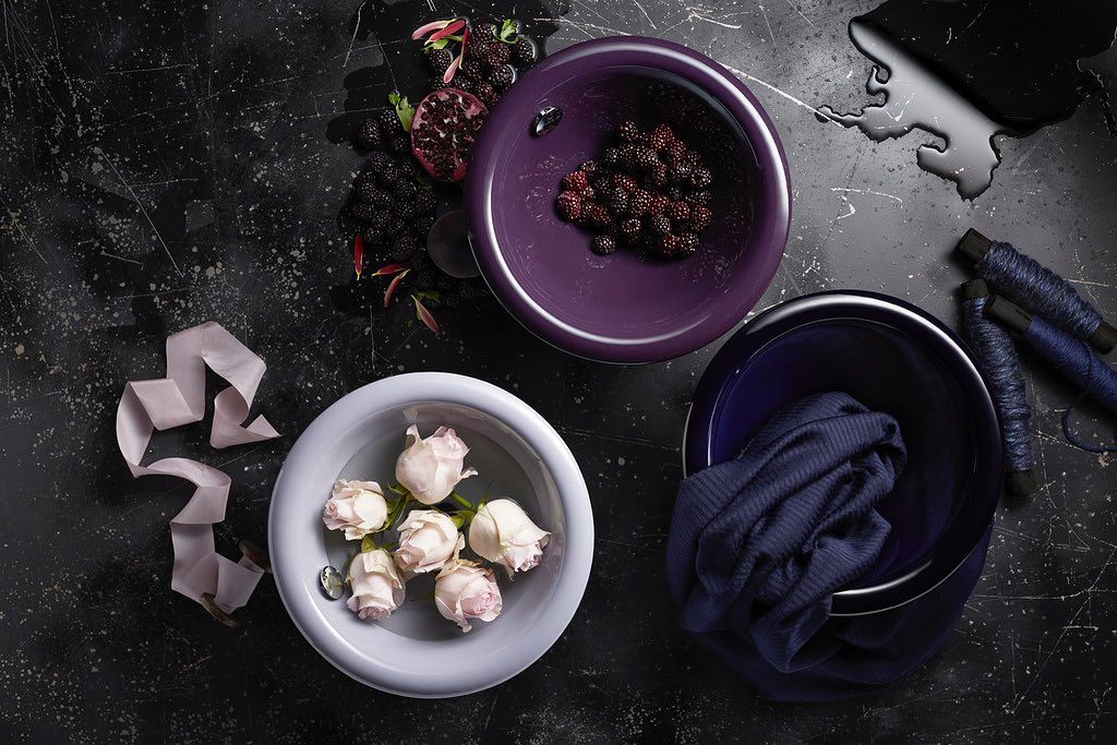 Kohler Shadows Collection view from above of three sinks in lavender, indigo, and black plum