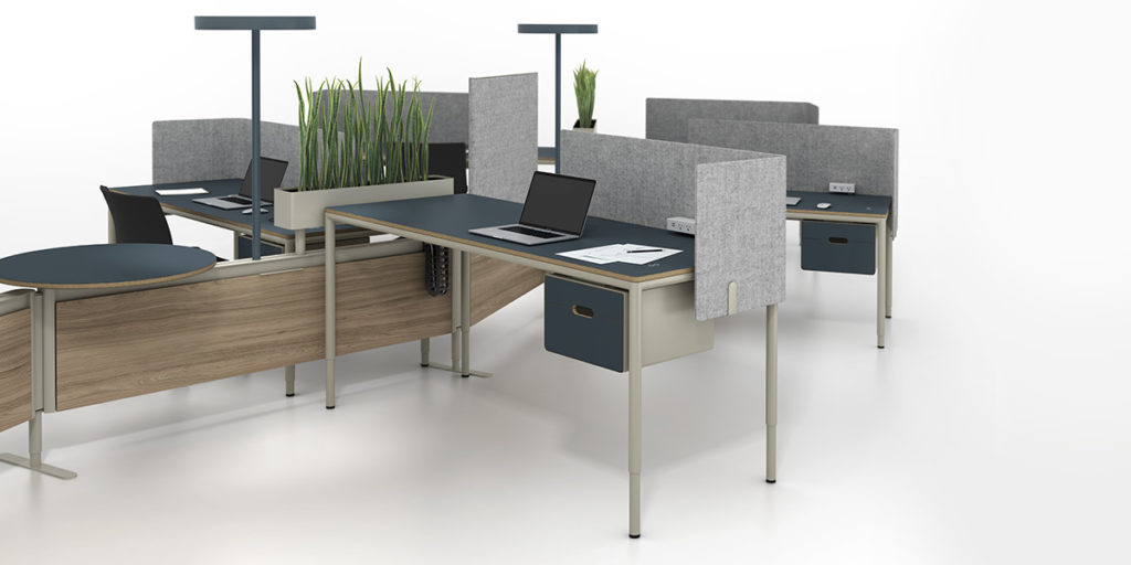 Watson C9 three worktops linked by rail system wood, gray, blue