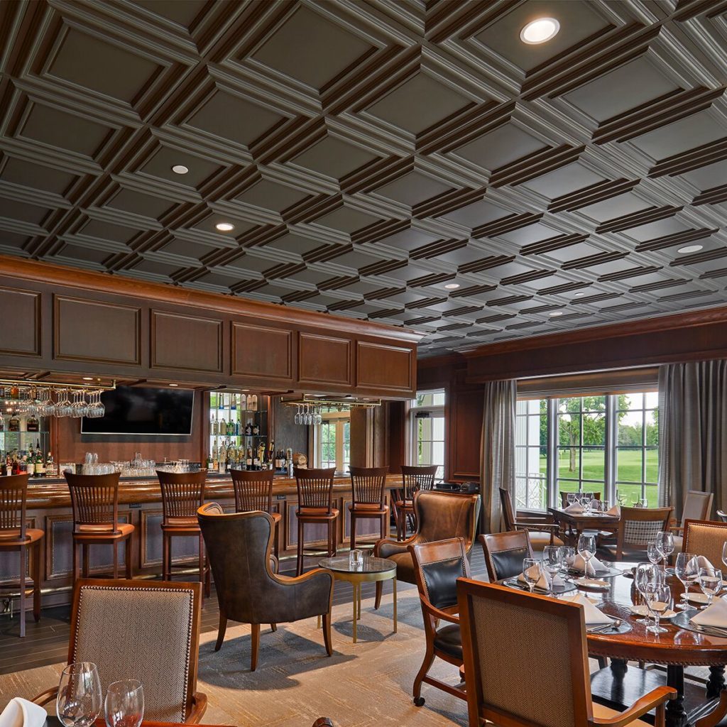 Above View Ceiling Tile classic panel style in dark gray on ceiling of bar
