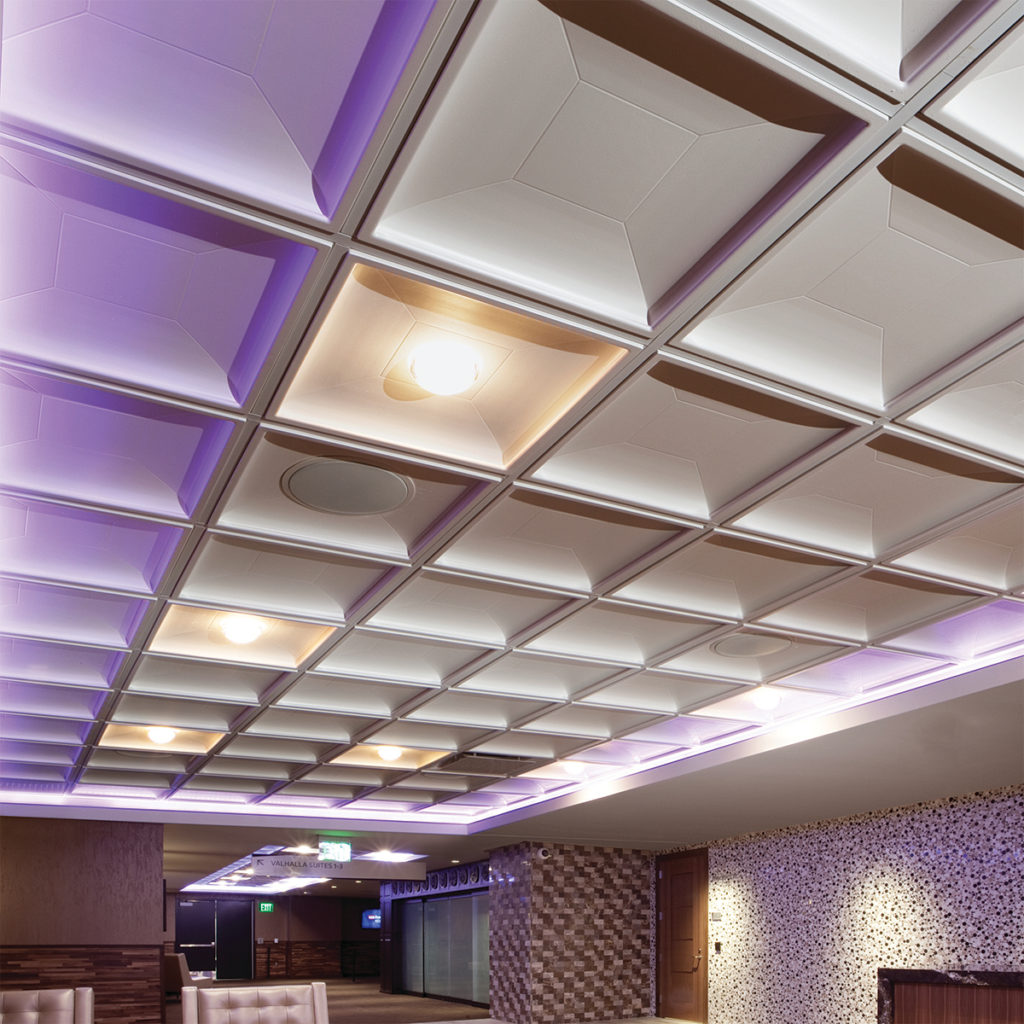 Above View Contemporary Coffer ceiling tile with purple light in Minnesota Vikings sports facility