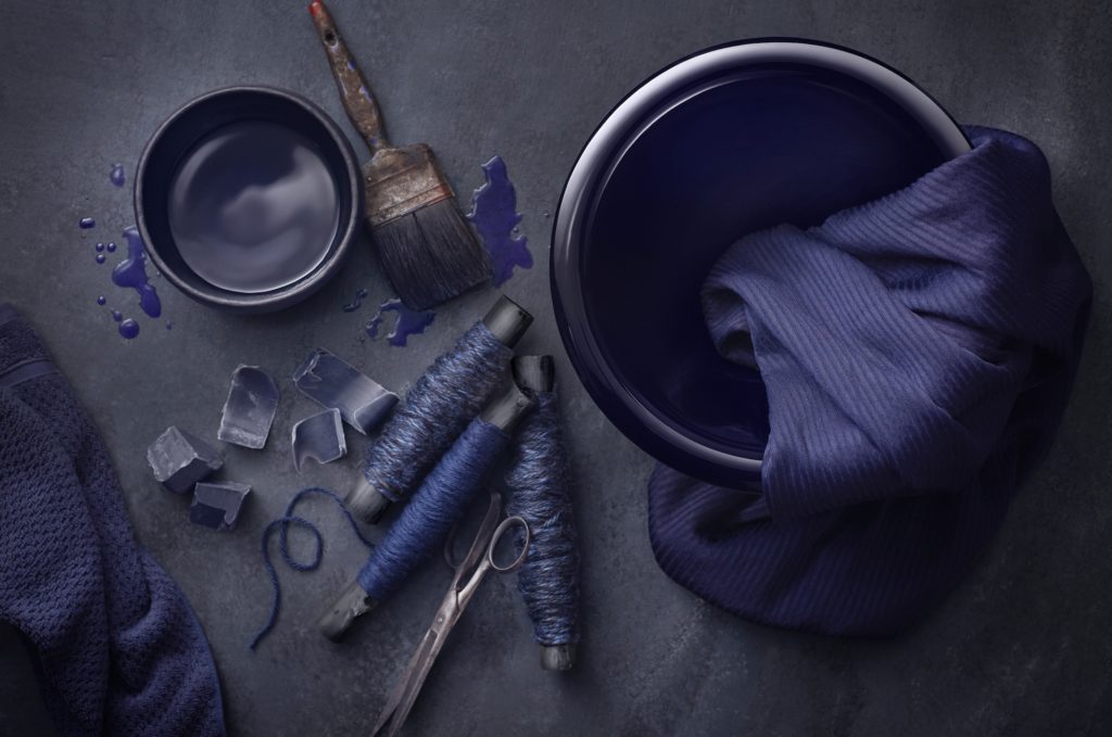 Kohler Shadows Collection indigo sink view from above with indigo paint splashed and an indigo cloth