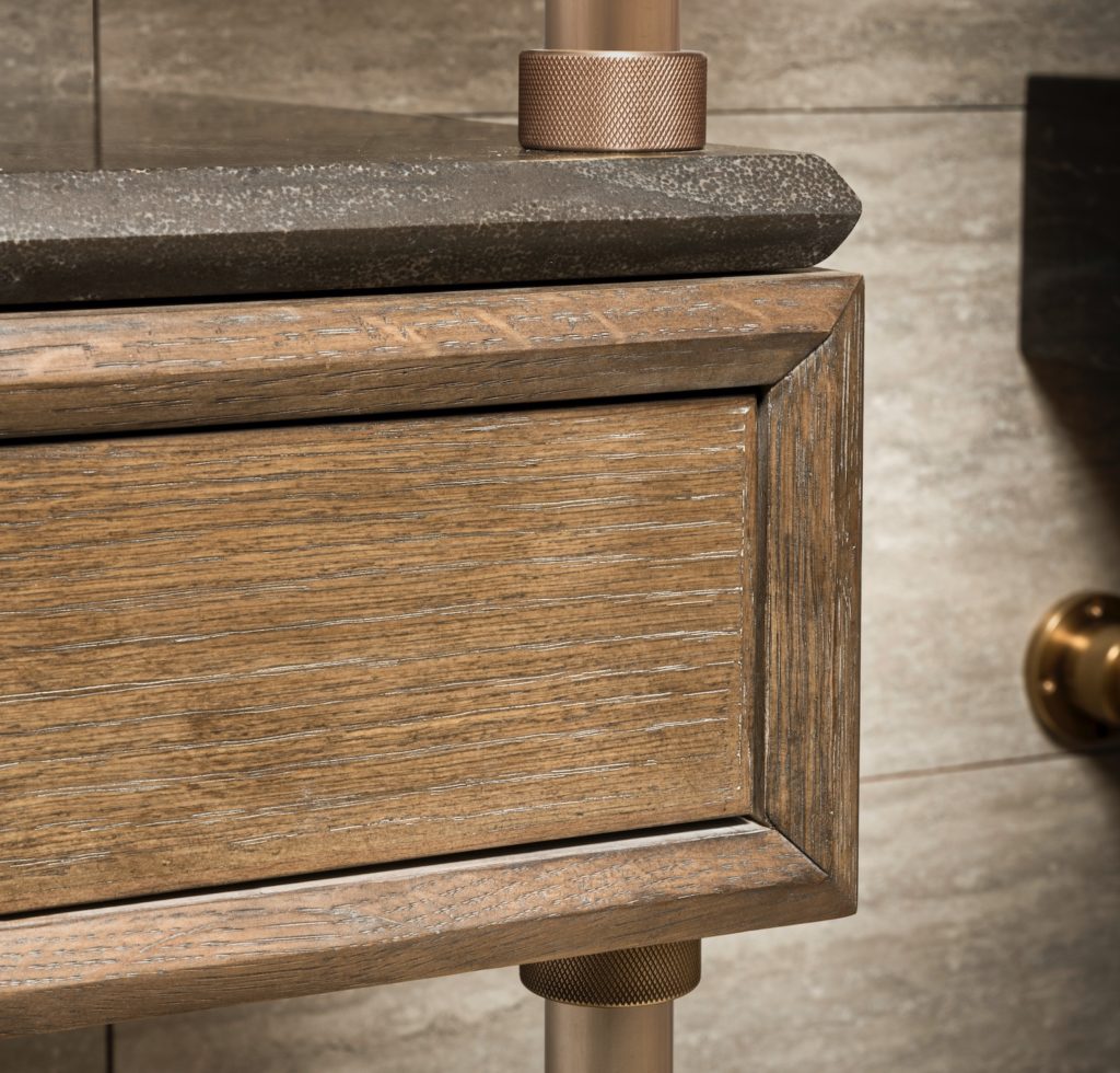 Stone Forest Wall Etagere detail of wood drawer and stone shelf with knurled brass legs