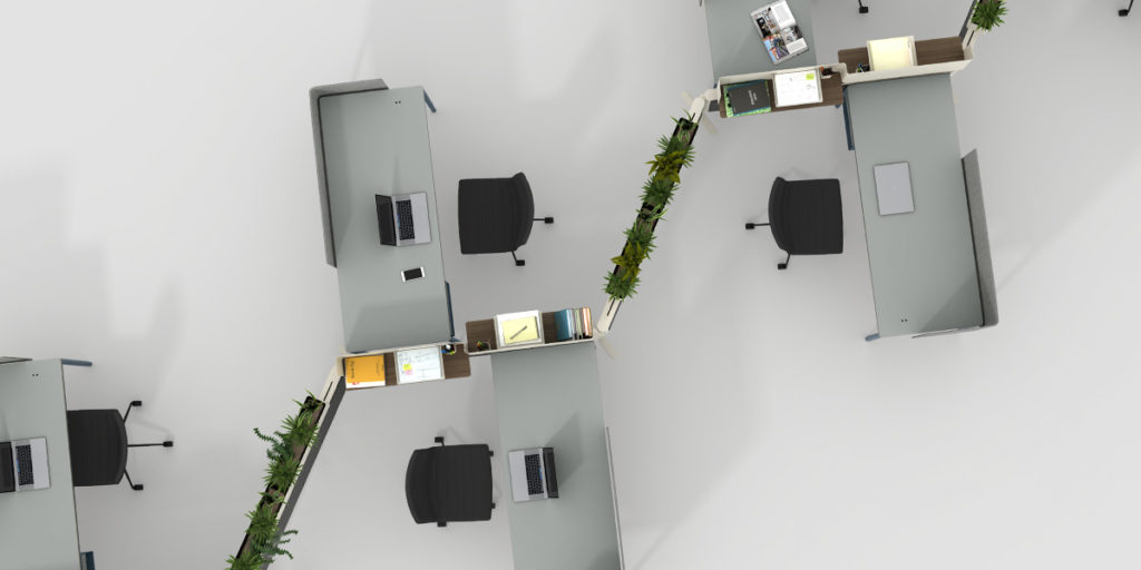 Watson C9 overhead view with five worktops and connecting rail system with planters
