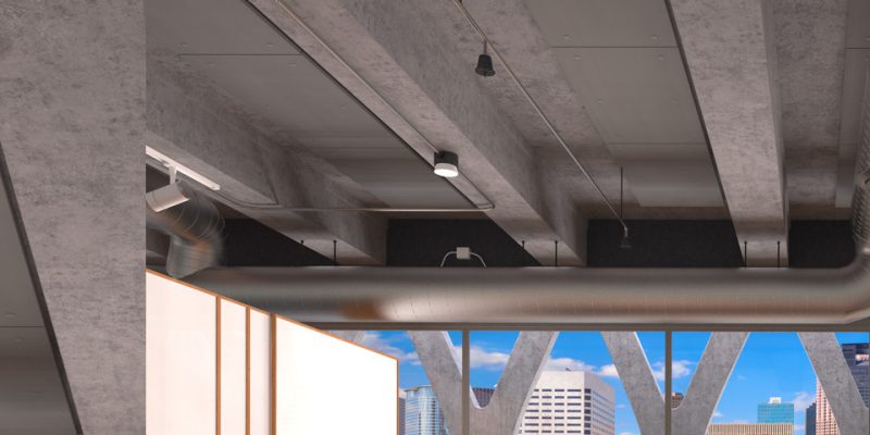 Armstrong Ceiling and Wall Solutions' Invisacoustics panels grey mounted to deck in workspace