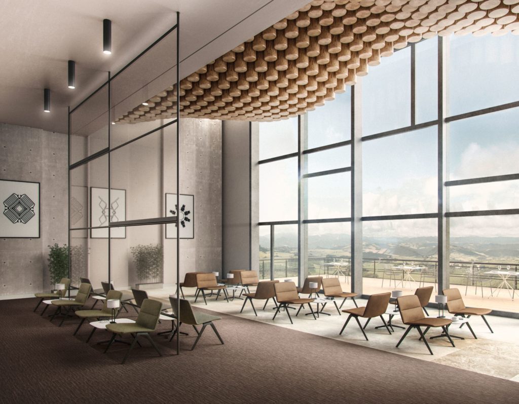 Davis Furniture many A-Lounge chairs in large waiting area with floor-to-ceiling windows