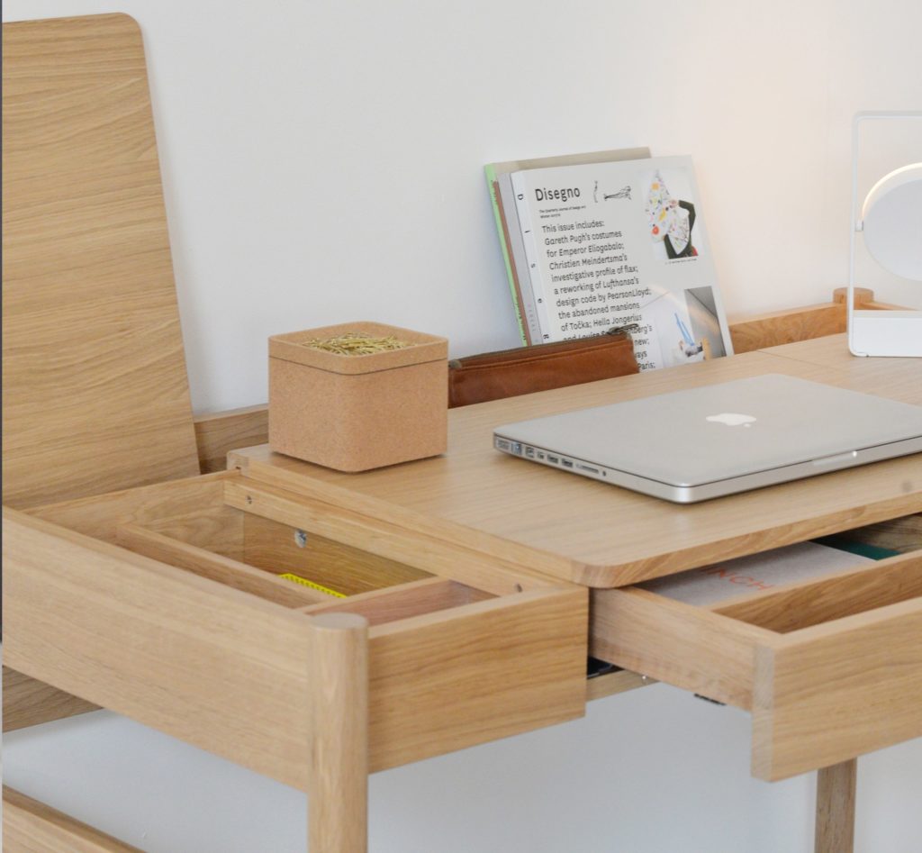 Case Furniture Pala Dressing Table with view of vanity storage and interior of drawer