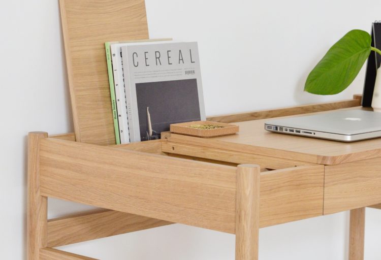 Case Furniture Pala Table as desk with laptop and book