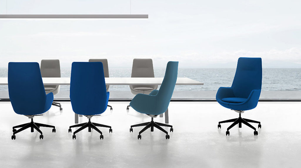 Allsteel Retreat Executive Chair seven chairs in different colors around conference table looking out window onto ocean