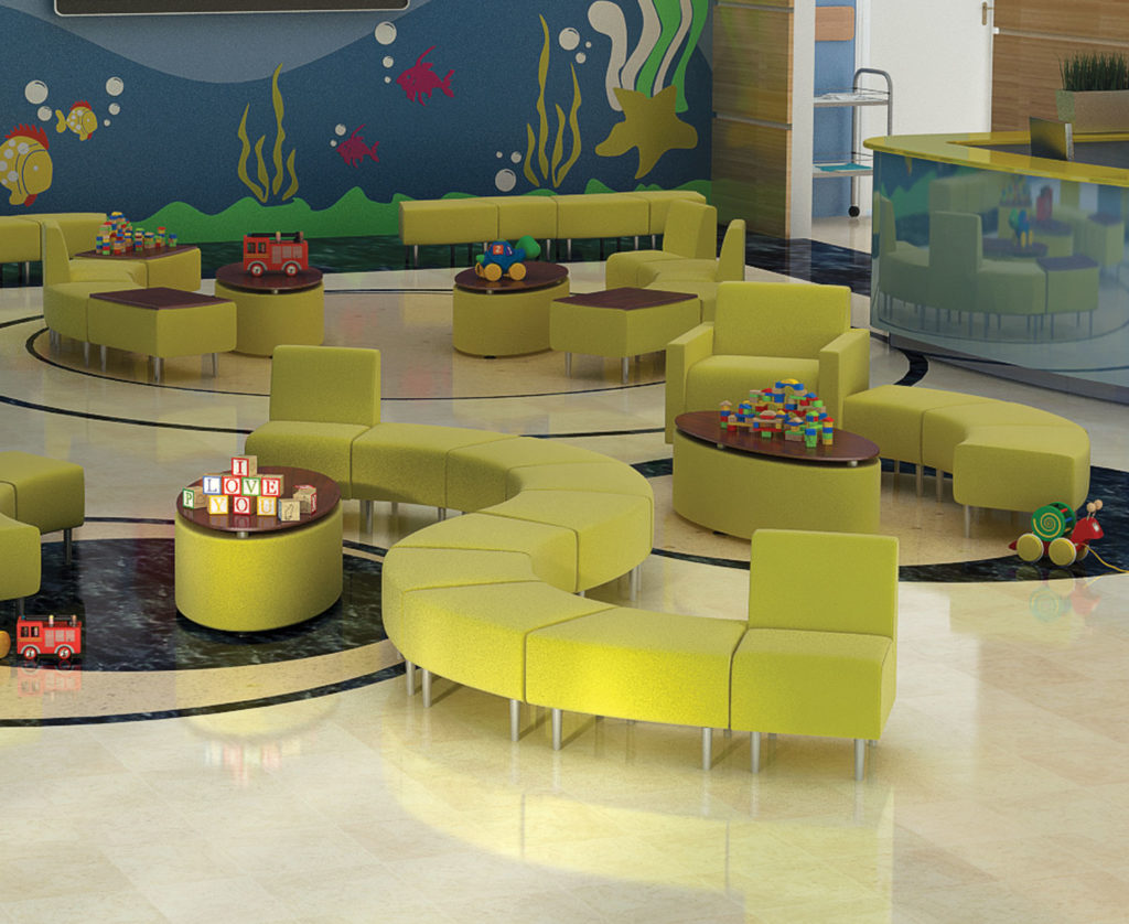 HPFI Evette seating in waiting room. Several units in lime green in ganged configuration and standalone seating. 