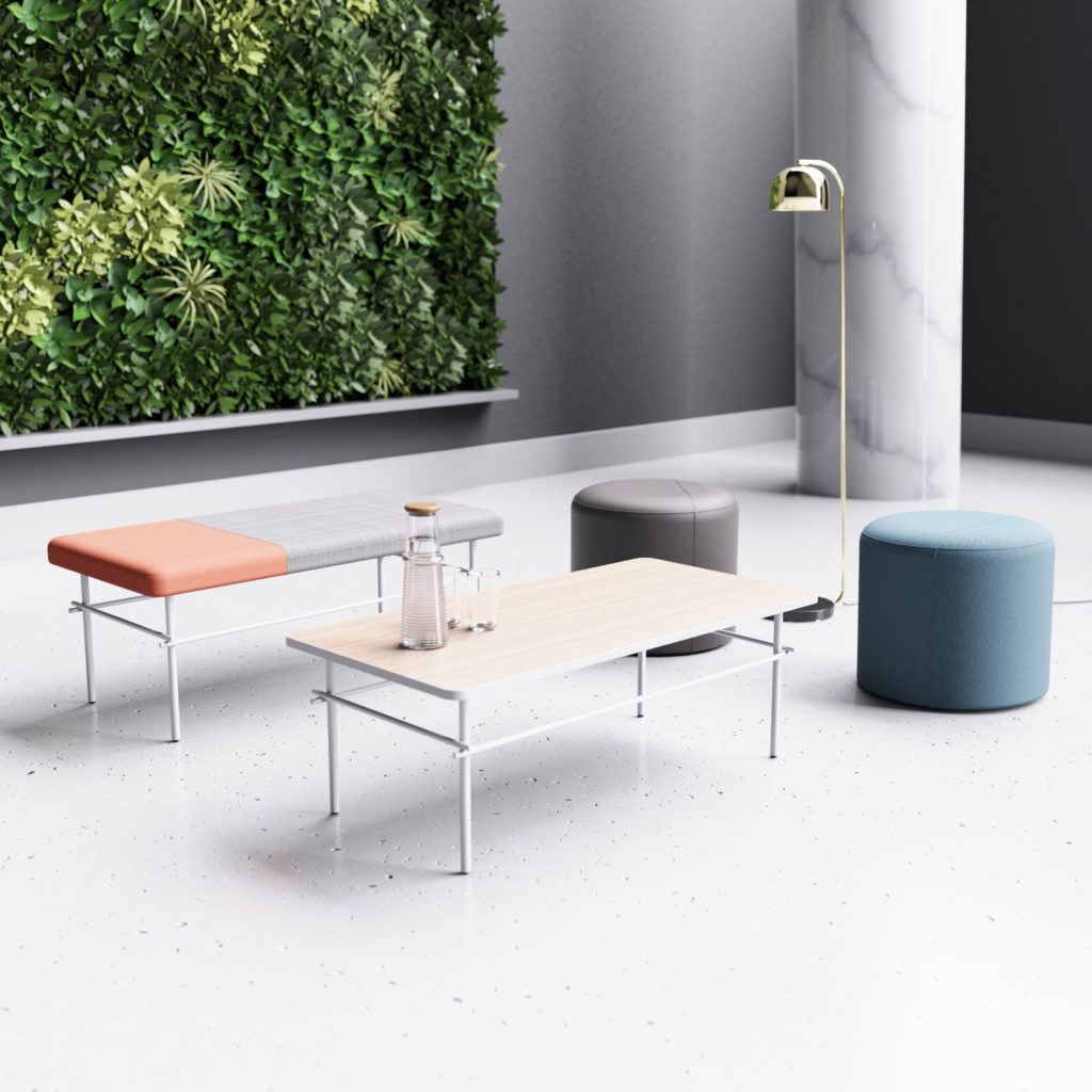 Allsteel Two-Thirds two tables and two round poufs in front of living wall