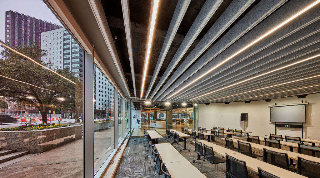 Focal Point Seem 1 Acoustic baffles in presentation room with glass wall looking to outside