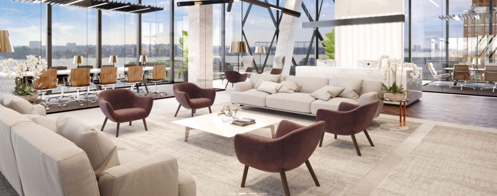 Studio Gang Solar Carve interior image with sofas, comfy chairs, and low tables with views of city in background
