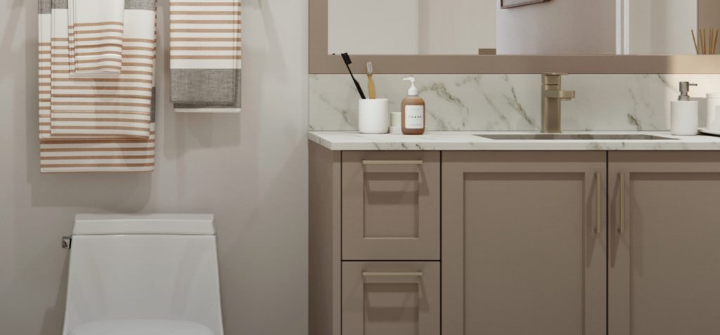 Katerra Bath Kit finished bathroom with view of vanity, mirror, and partial view of toilet