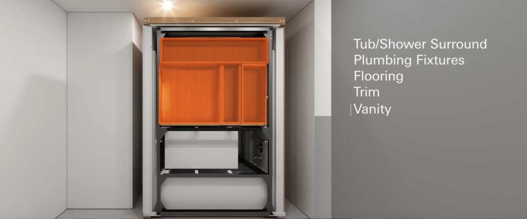 Katerra Bath Kit with open front panel showing components within along with a list of components