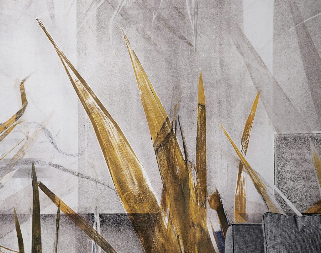 WallPepper Special Systems H2O line with spiky agave plant on background of white and gray pointy shapes