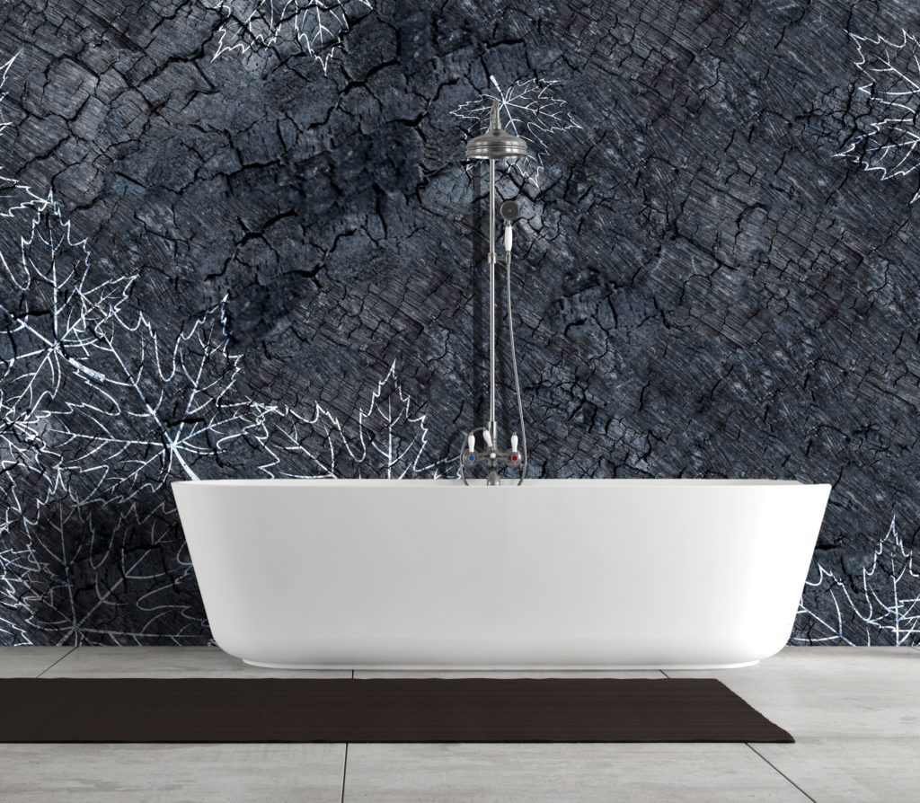 Instabilelab wallpaper gray background with colorless silhouettes of maple leaves and white bathtub in foreground with black carpet runner on tile floor