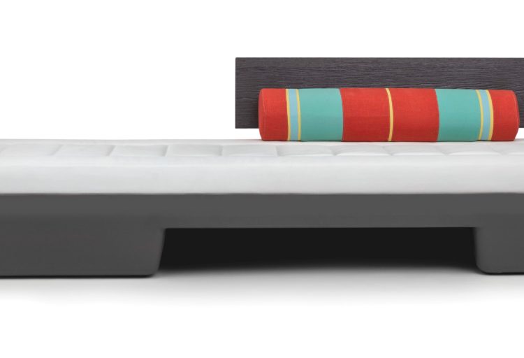 Benchmark contract Furniture Dune Collection sofa with gray base, white cushion, gray sideboard and colorful cushion