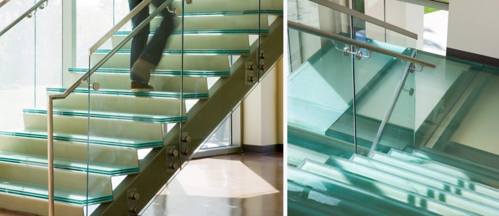 Nathan Allan Glass low iron opacity stair treads at Univeristy of Utah; split screen with two images