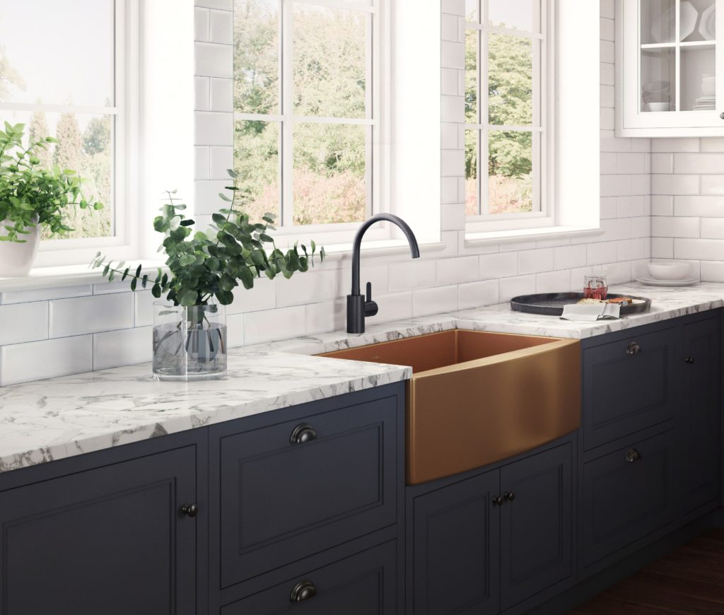 Ruvati's Terraza Sinks copper medium view in kitchen with white and grey countertop and black cabinets