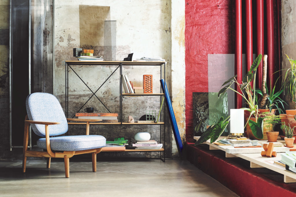 Fritz Hansen Fred Chair light blue upholstery in airy office with lots of plants