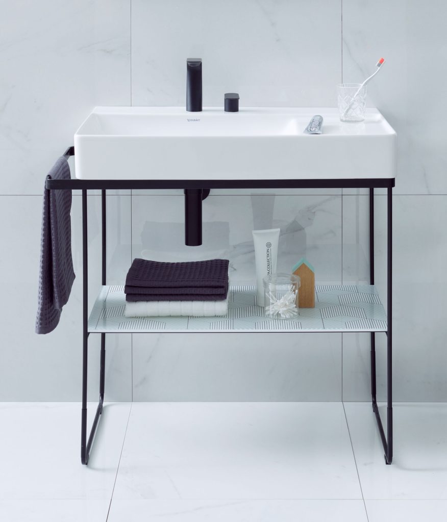 Duravit Matte Black products DuraSquare sink against white tile wall
