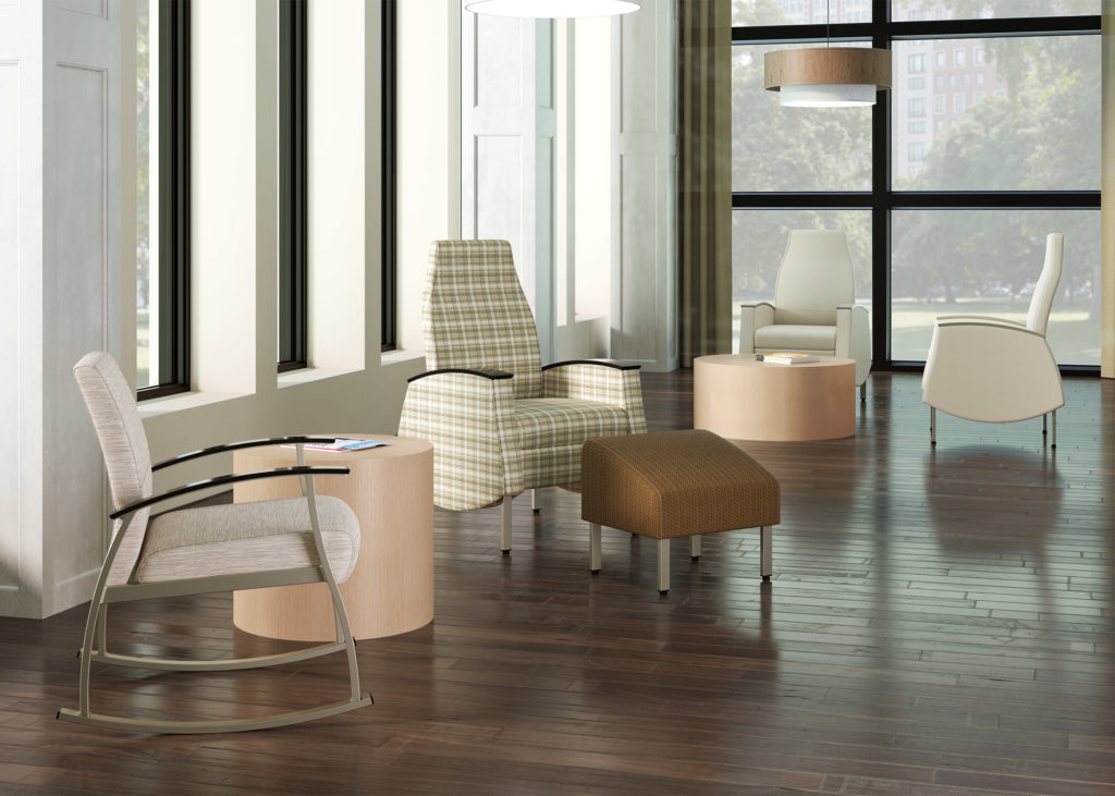 National Office Furniture Weli Seating rocker and three easy-exit patient chairs in variety of neutral upholstery with two round tables and easy access ottoman